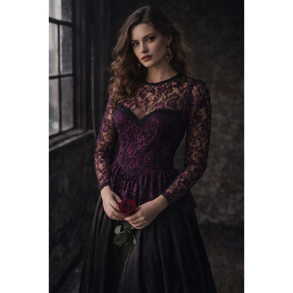 Vintage Gunne Sax Lace Dress 7 (fits like XS) Black Purple Whimsigoth Peplum